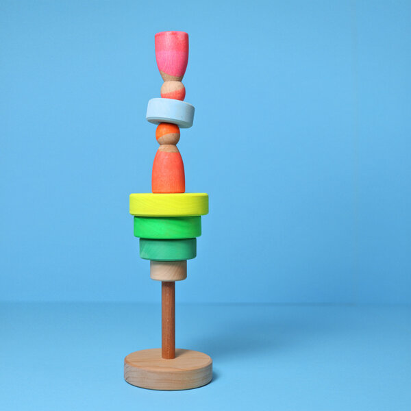 Grimm’s Wieża drewniana dla dzieci 6 krążków – wieża Montessori zabawka układanka Neon Green 1+
