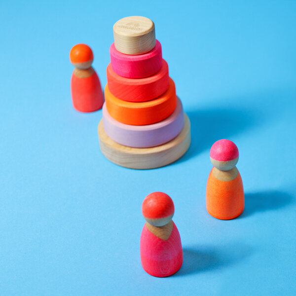 Grimm’s Wieża drewniana dla dzieci 6 krążków – wieża Montessori zabawka układanka Neon Pink 1+