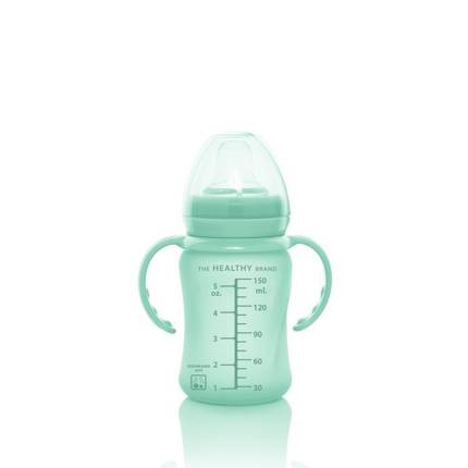 Szklana butelka z ustnikiem niekapkiem i rączkami, 150 ml, miętowa, Everyday Baby