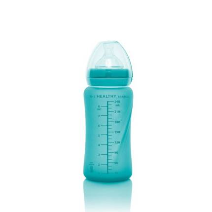 Szklana butelka ze smoczkiem M reagująca na temperaturę, 240 ml, turkusowa, Everyday Baby