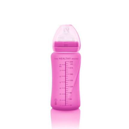 Szklana butelka ze smoczkiem M reagująca na temperaturę, 240 ml, wiśniowa, Everyday Baby