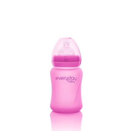 Szklana butelka ze smoczkiem S reagująca na temperaturę, 150 ml, wiśniowa, Everyday Baby