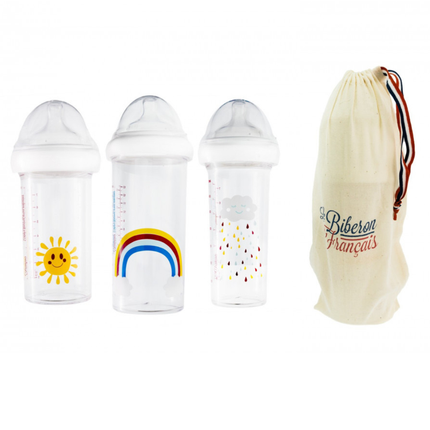 Zestaw butelek dla noworodków i niemowląt, 3 szt., 2 x 210 ml + 1 x 360 ml, Tęcza, Le Biberon Français 