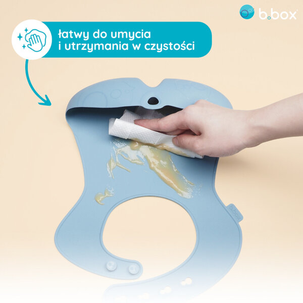b.box Zwijany śliniak silikonowy z otwartą kieszonką – miękki śliniak dla dziecka i niemowlaka niebieski