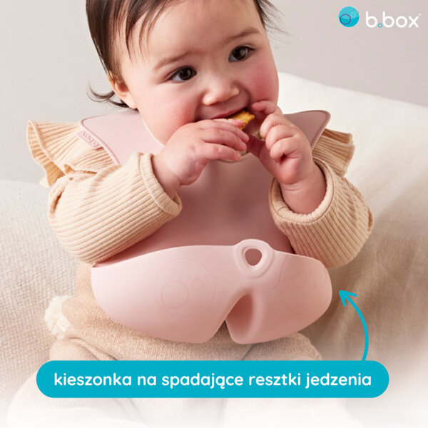 b.box Zwijany śliniak silikonowy z otwartą kieszonką – miękki śliniak dla dziecka i niemowlaka róż